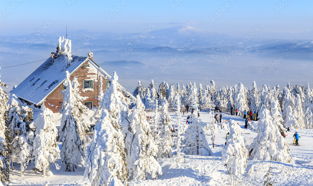 Szczyrk, Poland. Winter view of Skrzyczne peak in  Beskid Mountains - obrazy, fototapety, plakaty 