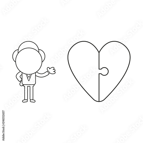 Vector Businessman Character With Connected Heart Jigsaw Puzzle Pieces Black Outline Stock Vector Adobe Stock