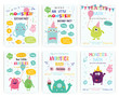 Set of cute monster happy birthday party invitation card design. Vector