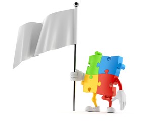 Wall Mural - Jigsaw puzzle character holding blank flag