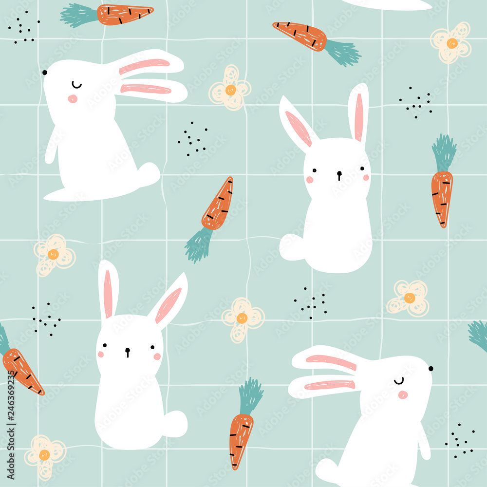 Seamless pattern with white bunny and carrots. Cute kids print. Vector ...