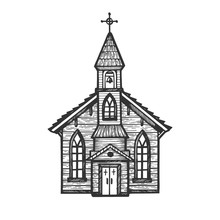 Old Wooden Church Chapel Engraving Vector Illustration. Scratch Board Style Imitation. Hand Drawn Image.