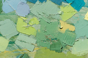 Abstract colorful oil painting on canvas. Oil paint texture with brush and palette knife strokes. Multi colored wallpaper. Macro close up acrylic background. Modern art concept. Horizontal fragment.