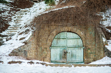 Double Doors Covered With Ivy. Vintage Blue Garden Gate Door In A Green Hedge Row. Rustic Wooden Door Of An Underground Old-fashioned. Exterior View, Outdoors In The Winter. Dugout.