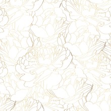 Beautiful Backdrop With Blooming Tulips Flowers, Hand Drawn With Golden Contour Lines On White Background. Gorgeous Floral Decoration. Botanical Illustration.