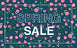© tkoko - Spring sale. Promotional poster with hand drawn pink flowers. Dark green background. Vector illustration.