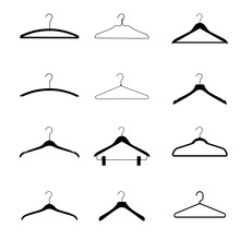 Wooden, Plastic And Metal Wire Coat Hangers, Clothes Hanger Silhouette On A White Background