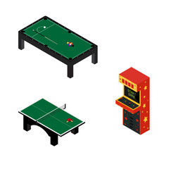 Game room concept. Arcade game machine, ping pong and pool billiard table isolated on white. Isometric