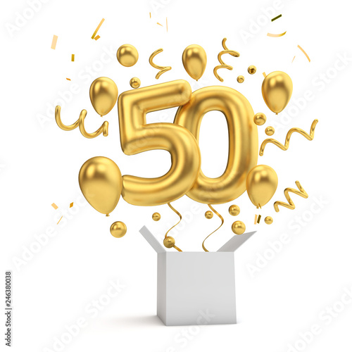 Fotografía Happy 50th birthday gold surprise balloon and box. 3D Rendering
