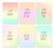 Good vibes, affirmations cards of self love on rainbow coloured backgrounds