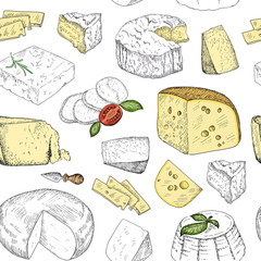 Wall Mural - Hand drawn sketch cheese vintage seamless pattern.