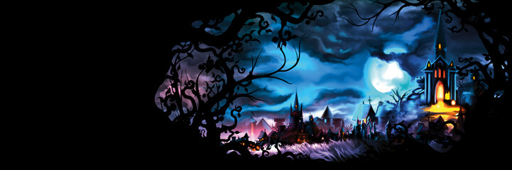 Wall Mural - Fantasy medieval cityscape banner/ Background with a fable old town with lights and a frame with branches