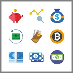 9 dollar icon. Vector illustration dollar set. money bag and bitcoin icons for dollar works