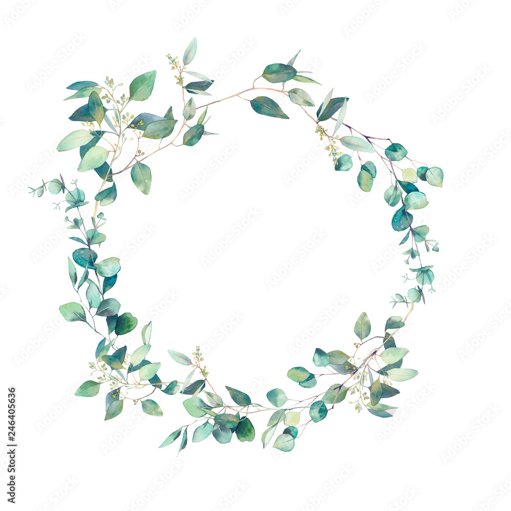 Watercolor eucalyptus branches wreath. Hand painted floral clip art ...