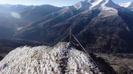 Wall Mural - Flying near winter mountain range valley Aerial 4k video. Travel eco Tourism in Caucasus Zakan, Russia