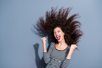 Closeup image portrait of pretty attractive nice good glad overjoyed funny funky person lady raising hands fists up open mouth isolated grey background