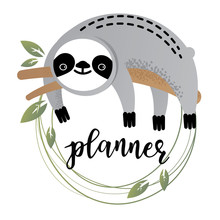 Vector Illustration Of A Kawaii Sloth For Planners. 
