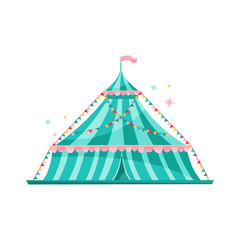 Wall Mural - Large blue striped circus tent decorated with bunting flags. Amusement park theme. Flat vector design