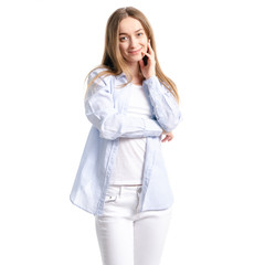 Wall Mural - Beautiful woman in blue shirt and jeans casual smile happy on white background isolation