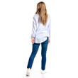 © Kabardins photo - Woman in jeans and blue shirt goes on white background isolation, top view