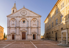 Pio II square and the Duomo of Pienza without people in the morning light, Siena, Tuscany, Italy