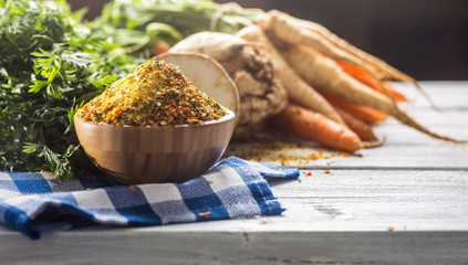 Seasoning spices condiment vegeta from dehydrated carrot parsley celery parsnips and salt with or without glutamate