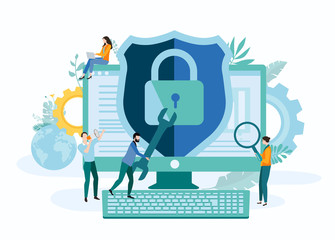 Wall Mural - Online technologies, IT and internet security. Landing page template with people and computer.