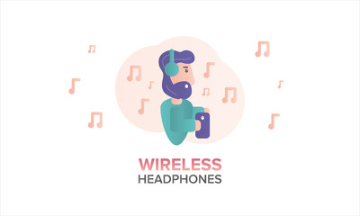  Wireless headphones. A man in wireless headphones and with a smartphone. Character flat illustration. Cartoon vector