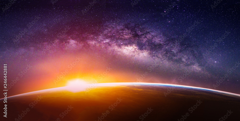 Landscape with Milky way galaxy. Sunrise and Earth view from space with Milky way galaxy. (Elements of this image furnished by NASA) - obrazy, fototapety, plakaty 