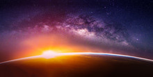 Landscape With Milky Way Galaxy. Sunrise And Earth View From Space With Milky Way Galaxy. (Elements Of This Image Furnished By NASA)