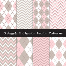 Pastel Blush Pink And Warm Gray Argyle And Chevron Zigzag Stripes Vector Patterns. Soft Color Baby Girl Decor Backgrounds. Pattern Tile Swatches Included.