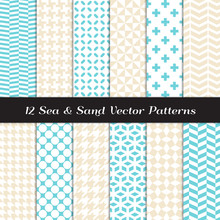 Sea And Sand Color Fashion Prints Vector Patterns. Aqua Blue And Beige Houndstooth, Herringbone, Triangle, Cross, Lattice, Polka Dot And Chevron Geometric Backgrounds. Pattern Tile Swatches Included.