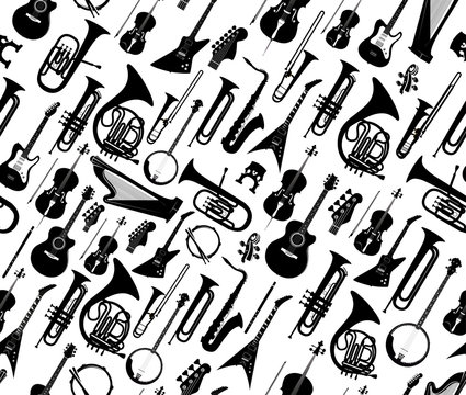 seamless background with silhouettes of musical instruments black color isolated on white - vector i