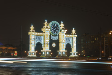 Wall Mural - Decorated Moscow street at winter time. Bright illumination is everywhere. Long exposure image.