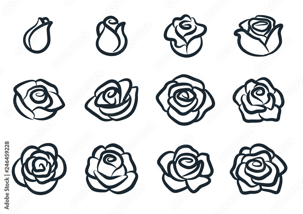 Black and white rose flower vector illustration. Simple rose blossom icon set. Nature, gardening, love, Valentine's day theme design element. - obrazy, fototapety, plakaty 