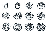 Fototapeta Dinusie - Black and white rose flower vector illustration. Simple rose blossom icon set. Nature, gardening, love, Valentine's day theme design element.