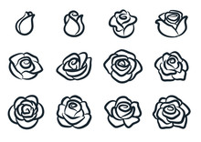 Black And White Rose Flower Vector Illustration. Simple Rose Blossom Icon Set. Nature, Gardening, Love, Valentine's Day Theme Design Element.