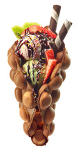 Hong Kong Or Bubble Waffle With Ice Cream And Fruits