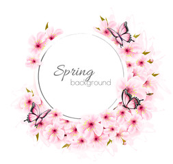 Poster - Spring nature background with cherry branch and butterflies. Vector