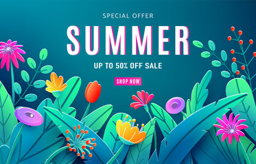 Summer sale ad background with paper cut fantasy flowers, leaves, stem isolated on dark backdrop. Minimal 3d style floral background. Discount text offer 50 percent off. Vector illustration