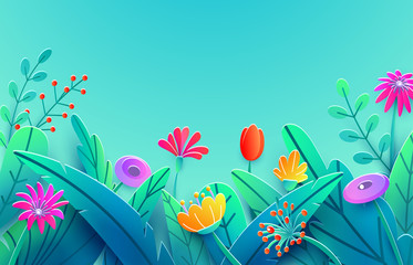 Summer border with paper cut fantasy flowers, leaves, stem isolated on blue sky backdrop. Minimal 3d style floral spring background. Bright nature origami. Vector illustration