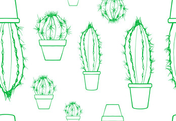 Wall Mural - Seamless pattern with cactus. Line art with potted plant for fabric, interior. Graphic texture with drawings of a fountain pen.