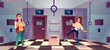 Vector cartoon background of quest room with people - guy and girl decide riddles and puzzles. Stand with conundrum, keys and elements for modern game, escape concept. Lasers from walls, tile floor.