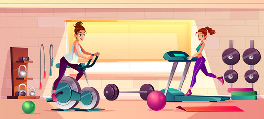 Vector cartoon background of gym with girls doing fitness. Women on treadmill and training bike. Sport interior with dumbbells and rubber balls. Athletic, healthy concept.