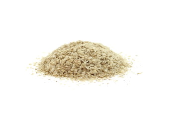 Wheat germ, the highly nutritious heart of the wheat kernel isolated on white. Wheat germ pile isolated on white background.