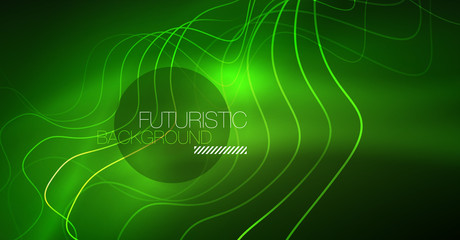 Abstract shiny glowinng color wave design element on dark background - science or technology concept
