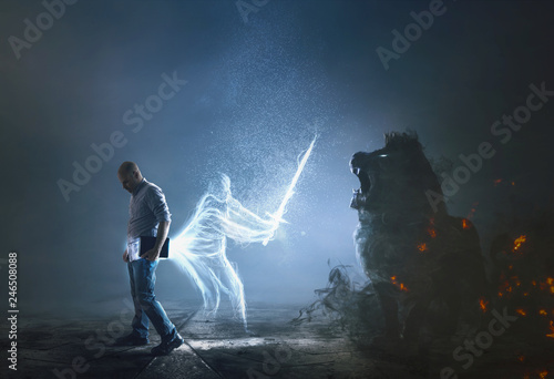 Photo  A dark lion tries to attack