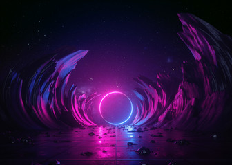 3d render, abstract background, cosmic landscape, round portal, pink blue neon light, virtual reality, energy source, glowing round frame, dark space, ultraviolet spectrum, laser ring, rocks, ground