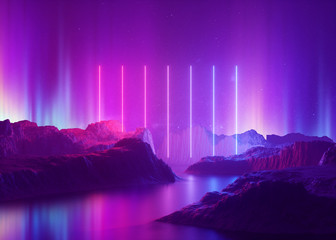 3d render, abstract background, cosmic landscape, aurora borealis, pink blue neon light, virtual rea