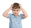 © New Africa - Little boy scratching head on white background. Annoying itch